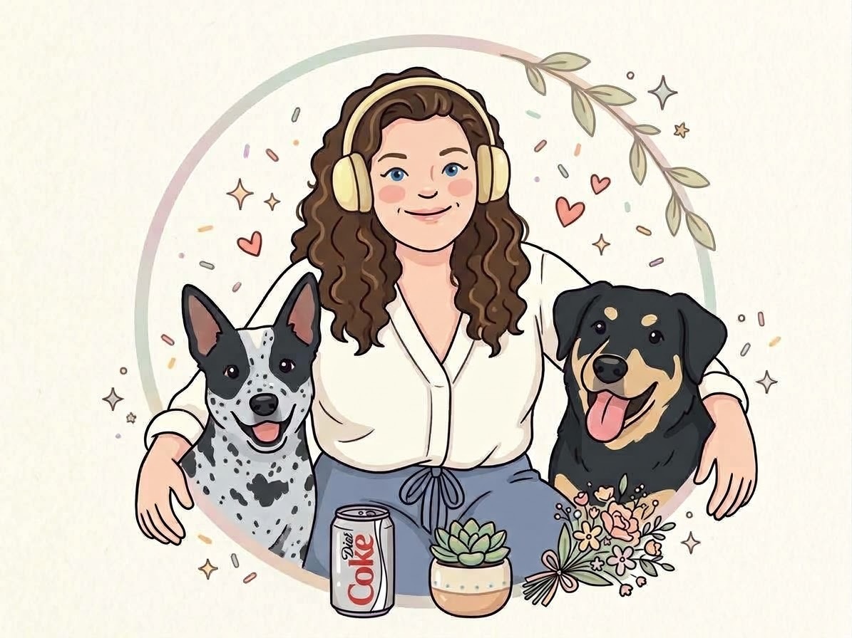 Hala with two dogs in a cheerful illustration
