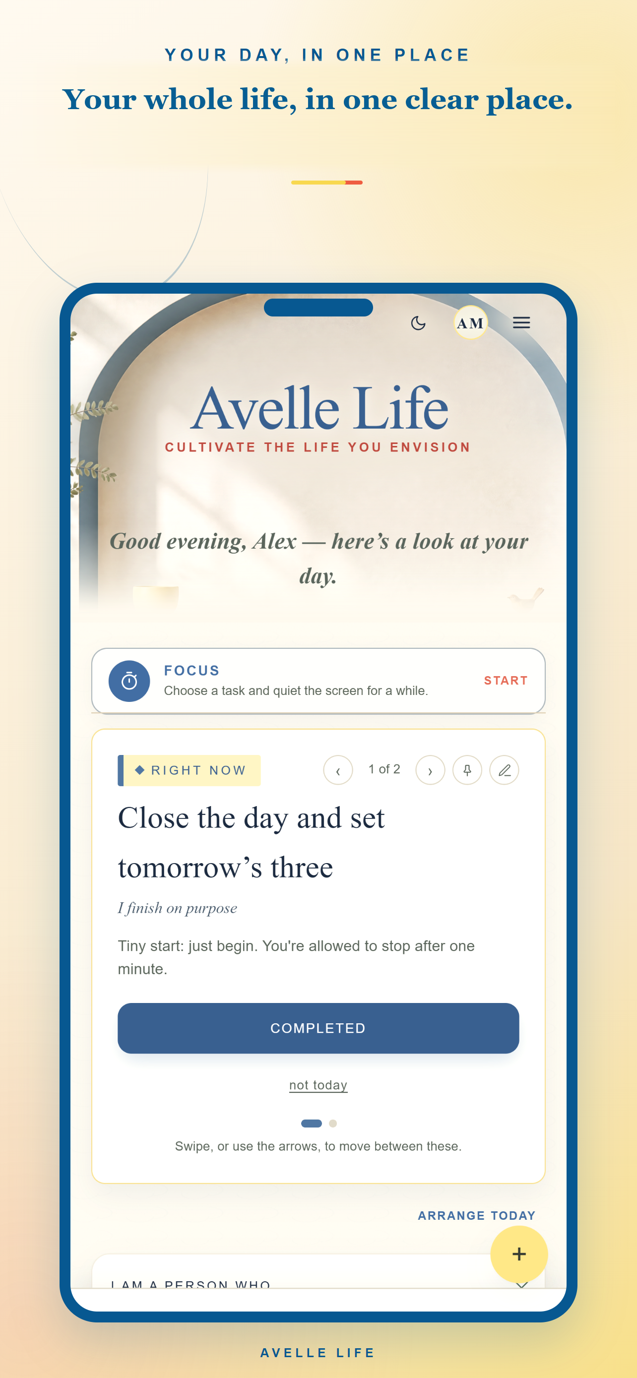 Avelle Today showing a focused view of the day